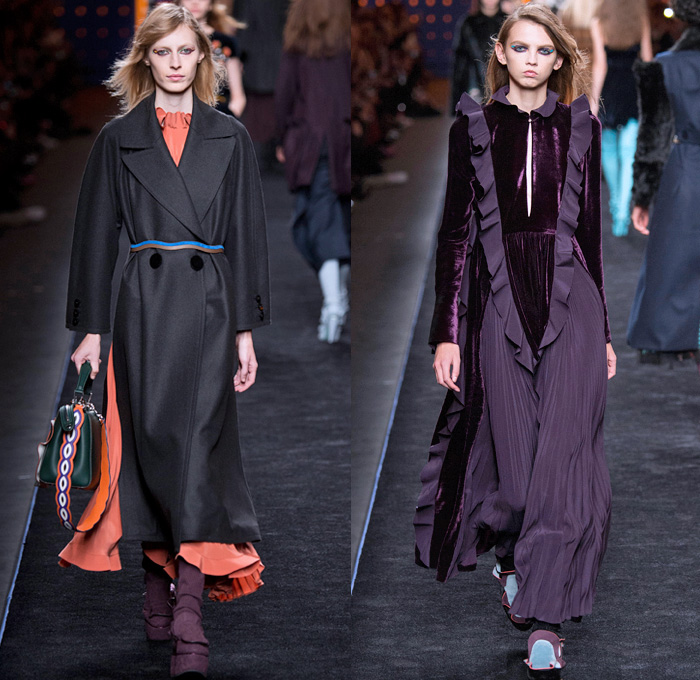 Fendi 2016-2017 Fall Autumn Winter Womens Runway Catwalk Collection Looks - Milan Fashion Week Milano Moda Donna Italy - 1960s Sixties Mod Ruffles Waves Thigh-High Boots Flowers Floral Embroidery Sheer Chiffon Blouse Oversized Outerwear Coat Furry Shaggy Plush Quilted Vest Wide Leg Denim Jeans Leggings Stripes Leather Skirt Accordion Pleats Bomber Jacket Blazer Velvet Maxi Dress Tiered Shorts Handbag Purse Clutch