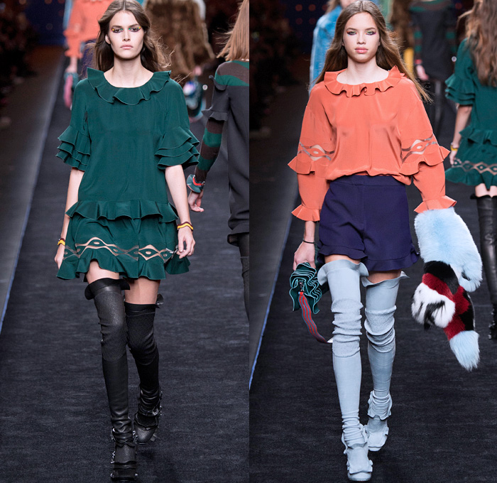 Fendi 2016-2017 Fall Autumn Winter Womens Runway Catwalk Collection Looks - Milan Fashion Week Milano Moda Donna Italy - 1960s Sixties Mod Ruffles Waves Thigh-High Boots Flowers Floral Embroidery Sheer Chiffon Blouse Oversized Outerwear Coat Furry Shaggy Plush Quilted Vest Wide Leg Denim Jeans Leggings Stripes Leather Skirt Accordion Pleats Bomber Jacket Blazer Velvet Maxi Dress Tiered Shorts Handbag Purse Clutch