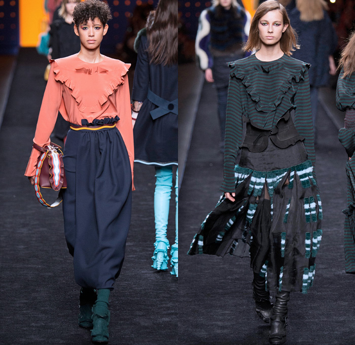 Fendi 2016-2017 Fall Autumn Winter Womens Runway Catwalk Collection Looks - Milan Fashion Week Milano Moda Donna Italy - 1960s Sixties Mod Ruffles Waves Thigh-High Boots Flowers Floral Embroidery Sheer Chiffon Blouse Oversized Outerwear Coat Furry Shaggy Plush Quilted Vest Wide Leg Denim Jeans Leggings Stripes Leather Skirt Accordion Pleats Bomber Jacket Blazer Velvet Maxi Dress Tiered Shorts Handbag Purse Clutch
