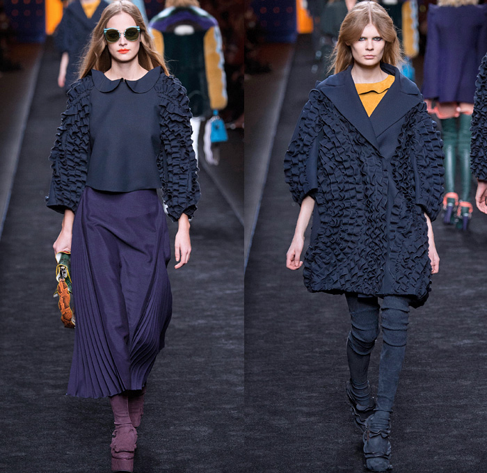 Fendi 2016-2017 Fall Autumn Winter Womens Runway Catwalk Collection Looks - Milan Fashion Week Milano Moda Donna Italy - 1960s Sixties Mod Ruffles Waves Thigh-High Boots Flowers Floral Embroidery Sheer Chiffon Blouse Oversized Outerwear Coat Furry Shaggy Plush Quilted Vest Wide Leg Denim Jeans Leggings Stripes Leather Skirt Accordion Pleats Bomber Jacket Blazer Velvet Maxi Dress Tiered Shorts Handbag Purse Clutch