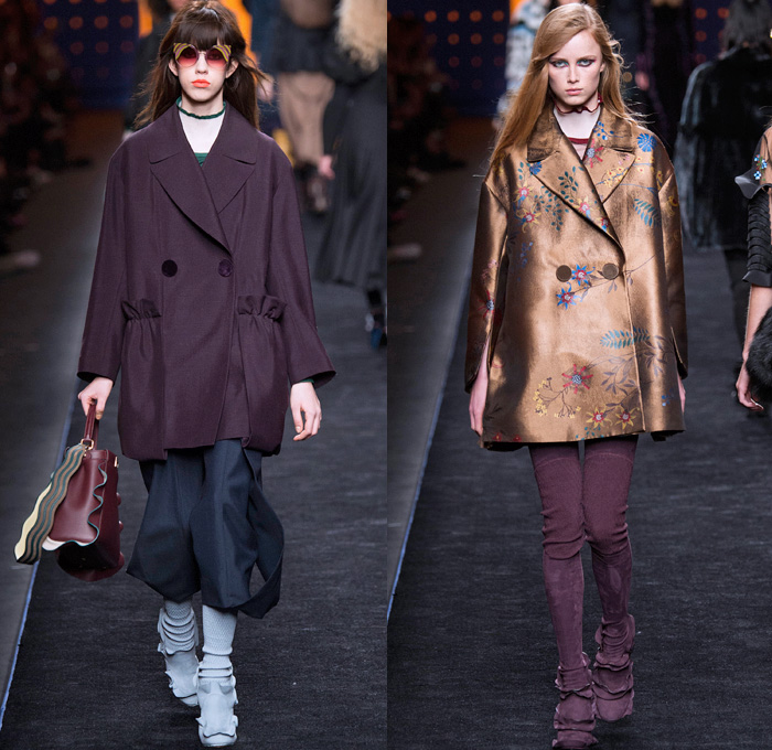 Fendi 2016-2017 Fall Autumn Winter Womens Runway Catwalk Collection Looks - Milan Fashion Week Milano Moda Donna Italy - 1960s Sixties Mod Ruffles Waves Thigh-High Boots Flowers Floral Embroidery Sheer Chiffon Blouse Oversized Outerwear Coat Furry Shaggy Plush Quilted Vest Wide Leg Denim Jeans Leggings Stripes Leather Skirt Accordion Pleats Bomber Jacket Blazer Velvet Maxi Dress Tiered Shorts Handbag Purse Clutch