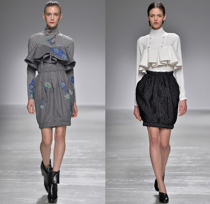 Guy Laroche 2016-2017 Fall Autumn Winter Womens Runway Catwalk Collection Looks - Paris Fashion Week Mode à Paris France - Wine Bottle Cocoon Skirt Lace Guipure Beadwork Turtleneck Slim Pants High Waist Trousers Embroidery Flowers Floral Botanical Ruffles Frock Balloon Skirt Shirtdress Sheer Chiffon Dress Outerwear Jacket Wide Lapel Balloon Sleeves Coatdress Boots