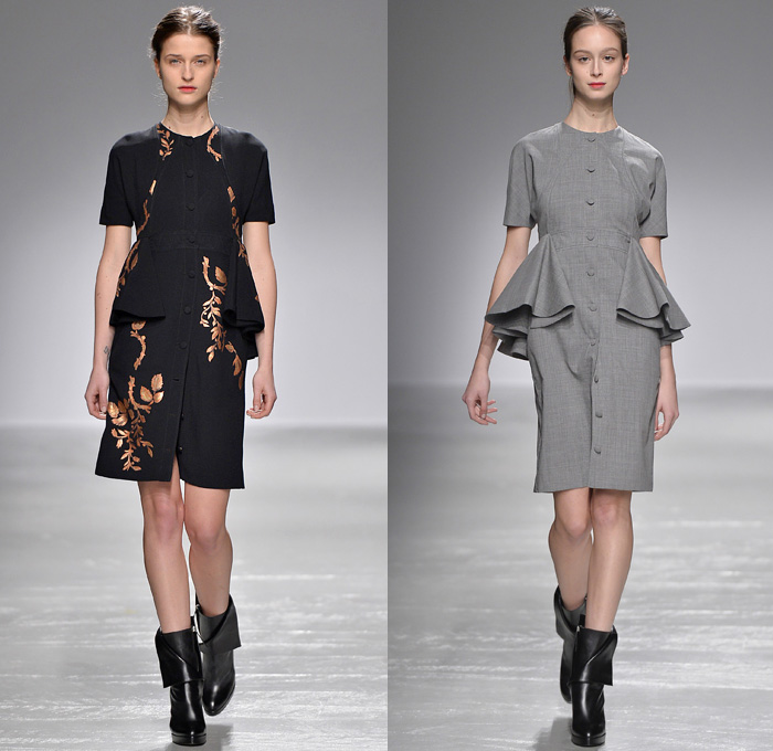 Guy Laroche 2016-2017 Fall Autumn Winter Womens Runway Catwalk Collection Looks - Paris Fashion Week Mode à Paris France - Wine Bottle Cocoon Skirt Lace Guipure Beadwork Turtleneck Slim Pants High Waist Trousers Embroidery Flowers Floral Botanical Ruffles Frock Balloon Skirt Shirtdress Sheer Chiffon Dress Outerwear Jacket Wide Lapel Balloon Sleeves Coatdress Boots