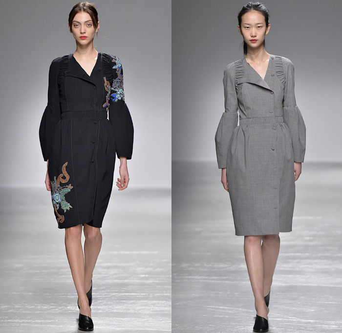 Guy Laroche 2016-2017 Fall Autumn Winter Womens Runway Catwalk Collection Looks - Paris Fashion Week Mode à Paris France - Wine Bottle Cocoon Skirt Lace Guipure Beadwork Turtleneck Slim Pants High Waist Trousers Embroidery Flowers Floral Botanical Ruffles Frock Balloon Skirt Shirtdress Sheer Chiffon Dress Outerwear Jacket Wide Lapel Balloon Sleeves Coatdress Boots