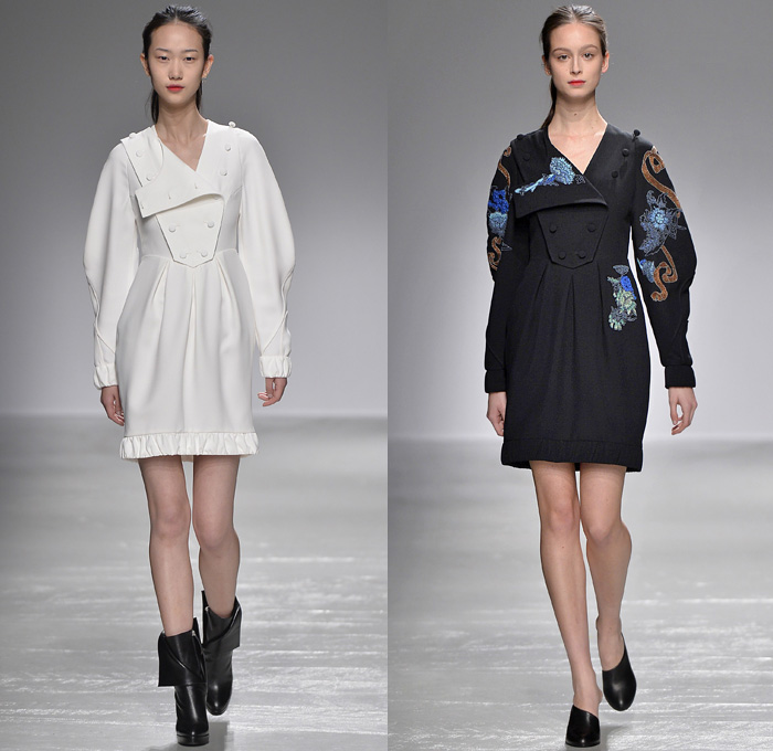 Guy Laroche 2016-2017 Fall Autumn Winter Womens Runway Catwalk Collection Looks - Paris Fashion Week Mode à Paris France - Wine Bottle Cocoon Skirt Lace Guipure Beadwork Turtleneck Slim Pants High Waist Trousers Embroidery Flowers Floral Botanical Ruffles Frock Balloon Skirt Shirtdress Sheer Chiffon Dress Outerwear Jacket Wide Lapel Balloon Sleeves Coatdress Boots