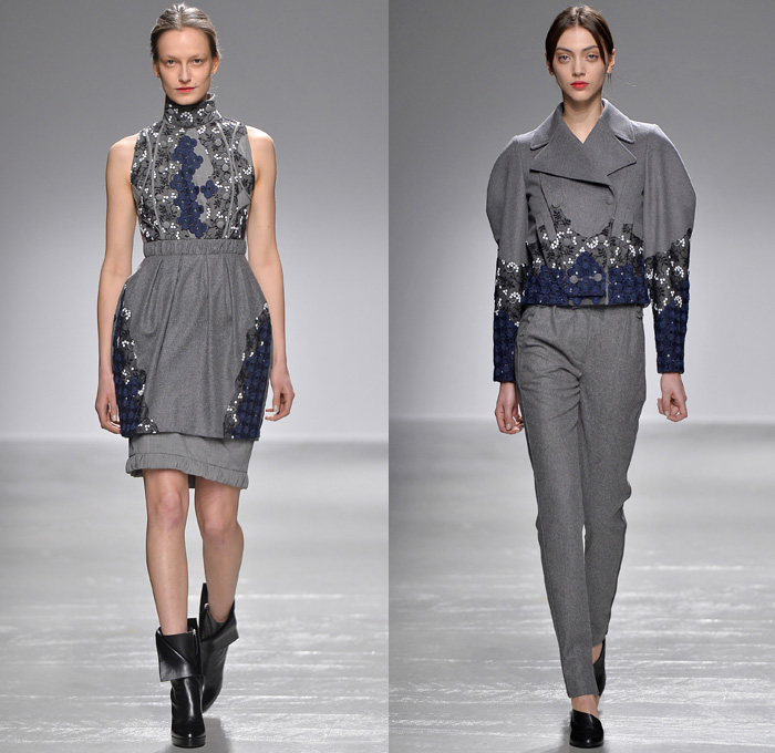 Guy Laroche 2016-2017 Fall Autumn Winter Womens Runway Catwalk Collection Looks - Paris Fashion Week Mode à Paris France - Wine Bottle Cocoon Skirt Lace Guipure Beadwork Turtleneck Slim Pants High Waist Trousers Embroidery Flowers Floral Botanical Ruffles Frock Balloon Skirt Shirtdress Sheer Chiffon Dress Outerwear Jacket Wide Lapel Balloon Sleeves Coatdress Boots