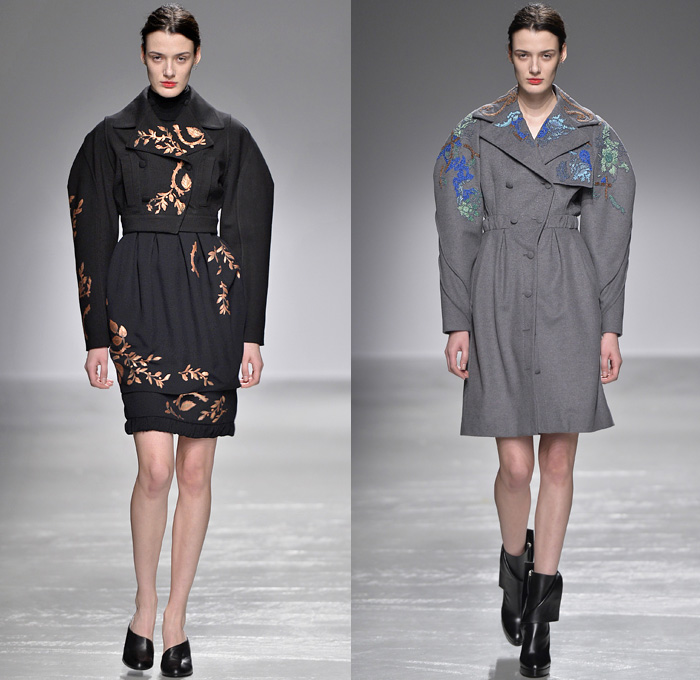 Guy Laroche 2016-2017 Fall Autumn Winter Womens Runway Catwalk Collection Looks - Paris Fashion Week Mode à Paris France - Wine Bottle Cocoon Skirt Lace Guipure Beadwork Turtleneck Slim Pants High Waist Trousers Embroidery Flowers Floral Botanical Ruffles Frock Balloon Skirt Shirtdress Sheer Chiffon Dress Outerwear Jacket Wide Lapel Balloon Sleeves Coatdress Boots