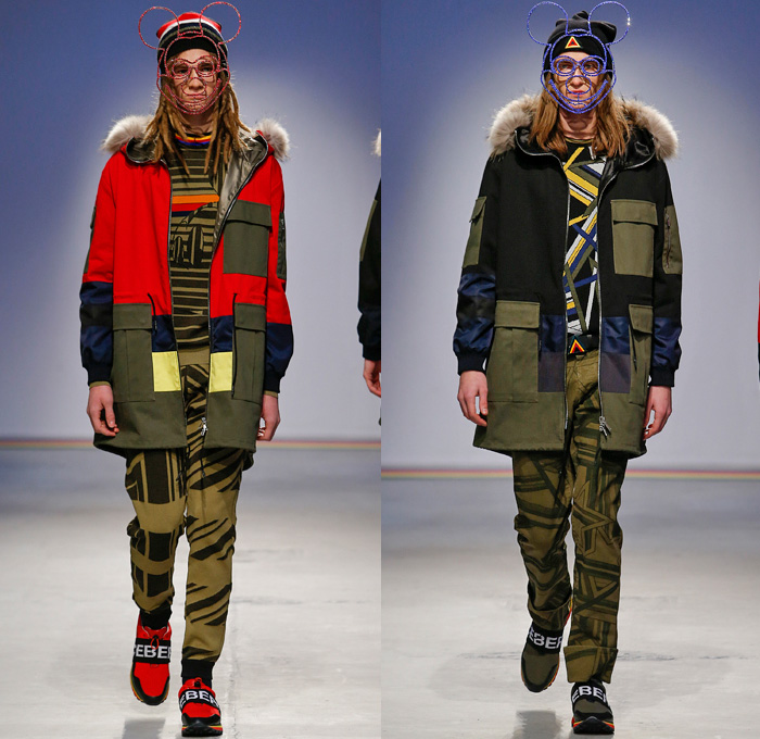 Iceberg 2016-2017 Fall Autumn Winter Mens Runway Catwalk Looks - Milano Moda Uomo Collezione Milan Fashion Week Italy Camera Nazionale della Moda Italiana - Raw Denim Jeans Pop Art Mickey Mouse Disney Drawing Chunky Knit Sweater Jogger Sweatpants Sportswear Scarf Bomber Jacket Outerwear Coat Wire Mask Furry Hoodie Cargo Pockets Trainers Geometric Shearling Fanny Pack Robe Fleece Quilted Triangle Nylon