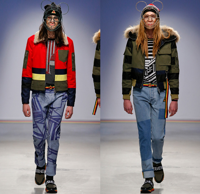 Iceberg 2016-2017 Fall Autumn Winter Mens Runway Catwalk Looks - Milano Moda Uomo Collezione Milan Fashion Week Italy Camera Nazionale della Moda Italiana - Raw Denim Jeans Pop Art Mickey Mouse Disney Drawing Chunky Knit Sweater Jogger Sweatpants Sportswear Scarf Bomber Jacket Outerwear Coat Wire Mask Furry Hoodie Cargo Pockets Trainers Geometric Shearling Fanny Pack Robe Fleece Quilted Triangle Nylon