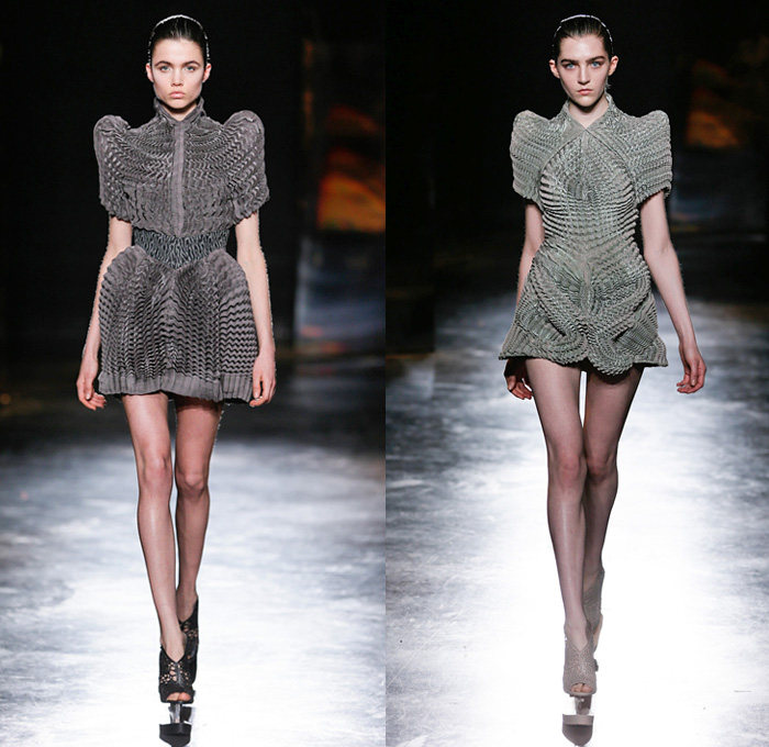 Iris van Herpen 2016-2017 Fall Autumn Winter Womens Runway Catwalk Collection Looks - Paris Fashion Week Mode à Paris France - Experimental 3D Printer Lasercut Patterns Sheer Crystal Mesh Halterneck Dress Futuristic Organic Shape Terraces Fans Pleats Gold Metallic Pointed Shoulders Embroidery Embellished Adornments Bedazzled Jewels Metallic Bubbles Structured Sleeveless Peplum Strapless