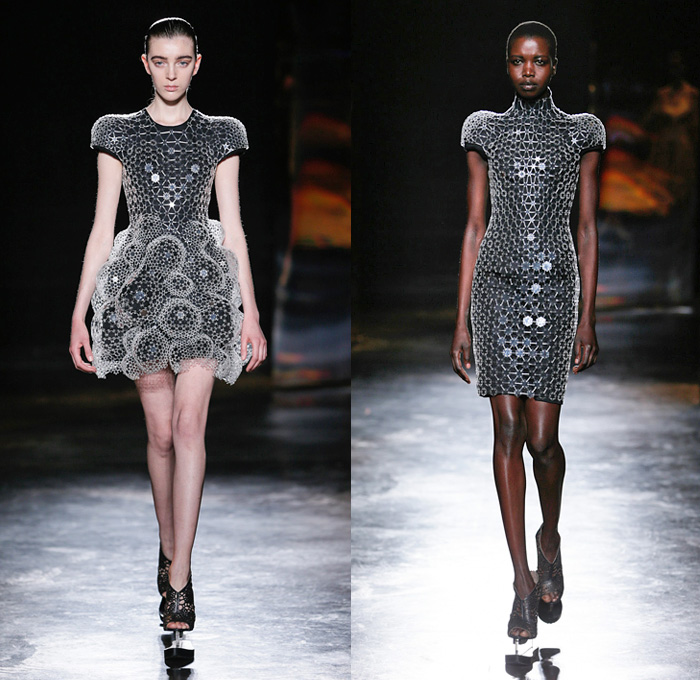 Iris van Herpen 2016-2017 Fall Autumn Winter Womens Runway Catwalk Collection Looks - Paris Fashion Week Mode à Paris France - Experimental 3D Printer Lasercut Patterns Sheer Crystal Mesh Halterneck Dress Futuristic Organic Shape Terraces Fans Pleats Gold Metallic Pointed Shoulders Embroidery Embellished Adornments Bedazzled Jewels Metallic Bubbles Structured Sleeveless Peplum Strapless