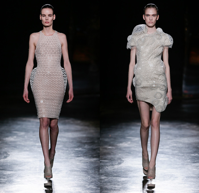 Iris van Herpen 2016-2017 Fall Autumn Winter Womens Runway Catwalk Collection Looks - Paris Fashion Week Mode à Paris France - Experimental 3D Printer Lasercut Patterns Sheer Crystal Mesh Halterneck Dress Futuristic Organic Shape Terraces Fans Pleats Gold Metallic Pointed Shoulders Embroidery Embellished Adornments Bedazzled Jewels Metallic Bubbles Structured Sleeveless Peplum Strapless