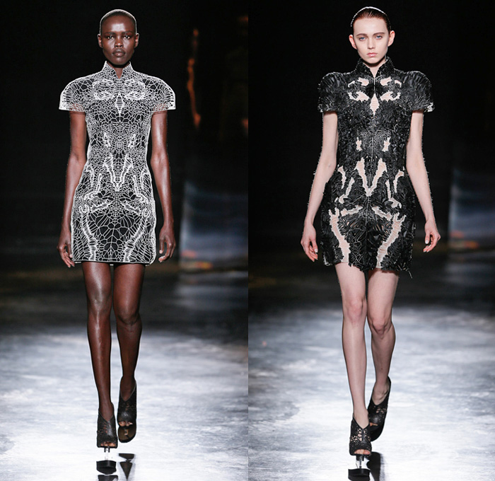 Iris van Herpen 2016-2017 Fall Autumn Winter Womens Runway Catwalk Collection Looks - Paris Fashion Week Mode à Paris France - Experimental 3D Printer Lasercut Patterns Sheer Crystal Mesh Halterneck Dress Futuristic Organic Shape Terraces Fans Pleats Gold Metallic Pointed Shoulders Embroidery Embellished Adornments Bedazzled Jewels Metallic Bubbles Structured Sleeveless Peplum Strapless