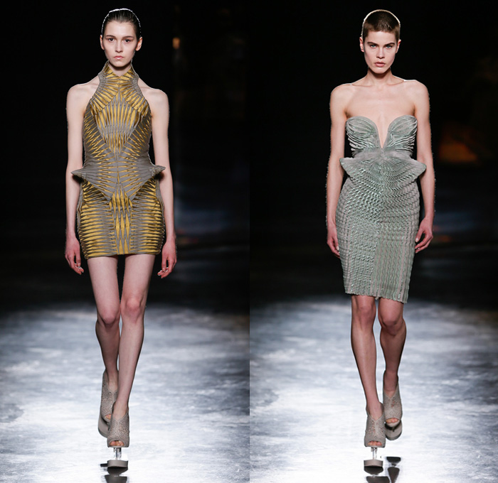 Iris van Herpen 2016-2017 Fall Autumn Winter Womens Runway Catwalk Collection Looks - Paris Fashion Week Mode à Paris France - Experimental 3D Printer Lasercut Patterns Sheer Crystal Mesh Halterneck Dress Futuristic Organic Shape Terraces Fans Pleats Gold Metallic Pointed Shoulders Embroidery Embellished Adornments Bedazzled Jewels Metallic Bubbles Structured Sleeveless Peplum Strapless