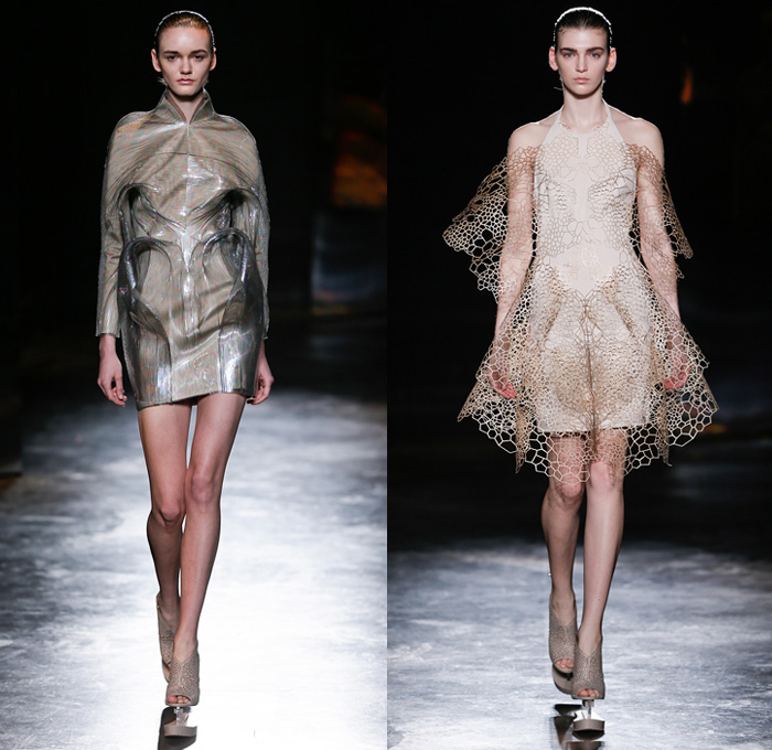 Iris van Herpen 2016-2017 Fall Autumn Winter Womens Runway Catwalk Collection Looks - Paris Fashion Week Mode à Paris France - Experimental 3D Printer Lasercut Patterns Sheer Crystal Mesh Halterneck Dress Futuristic Organic Shape Terraces Fans Pleats Gold Metallic Pointed Shoulders Embroidery Embellished Adornments Bedazzled Jewels Metallic Bubbles Structured Sleeveless Peplum Strapless