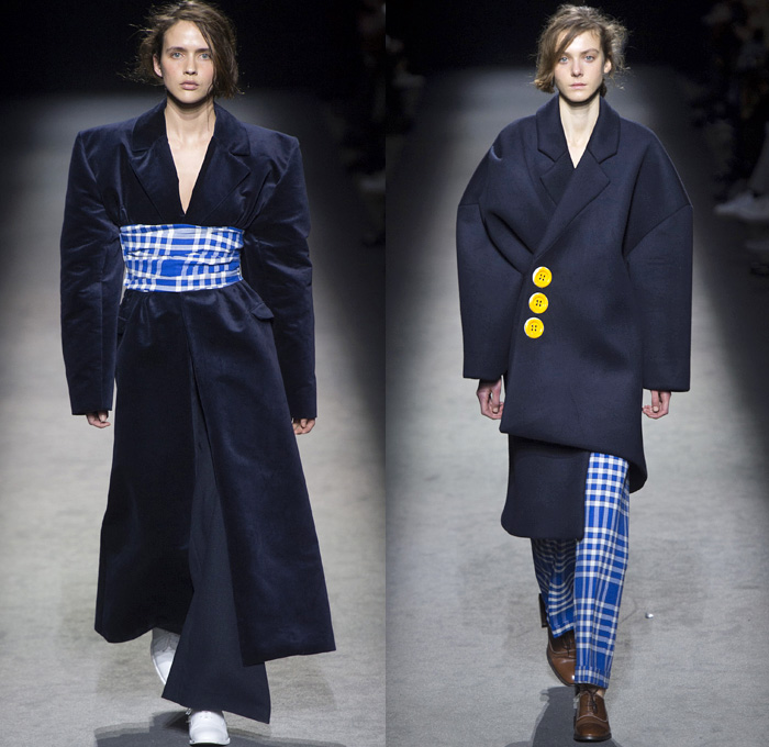 Jacquemus 2016-2017 Fall Autumn Winter Womens Runway Catwalk Collection Looks - Paris Fashion Week Mode à Paris France - Boxy Frankenstein Floating Hanging Shoulders Circle Dots Pinstripe Vest Chunky Knit Sweater Turtleneck Cinch Waist Plaid Wrap Asymmetrical Hem Outerwear Coat Deconstructed Wide Leg Trousers Palazzo Pants Crop Top Midriff Metallic Arm Warmers Ruffles Frayed Velvet Bell Sleeves Bow Ribbon Pantsuit