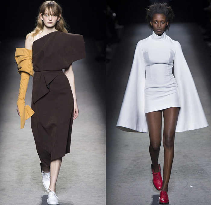 Jacquemus 2016-2017 Fall Autumn Winter Womens Runway Catwalk Collection Looks - Paris Fashion Week Mode à Paris France - Boxy Frankenstein Floating Hanging Shoulders Circle Dots Pinstripe Vest Chunky Knit Sweater Turtleneck Cinch Waist Plaid Wrap Asymmetrical Hem Outerwear Coat Deconstructed Wide Leg Trousers Palazzo Pants Crop Top Midriff Metallic Arm Warmers Ruffles Frayed Velvet Bell Sleeves Bow Ribbon Pantsuit