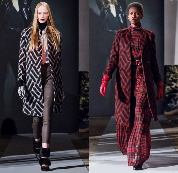 J.Lindeberg 2016-2017 Fall Autumn Winter Womens Runway Catwalk Looks - Fashion Week Stockholm Sweden - Tribes Indigenous Print Mohair Wool Ethnic Folk Stripes Sheer Chiffon Outerwear Coat Furry Shaggy Quilted Waffle Parka Dress Folds Accordion Pleats Miniskirt Frock Motorcycle Biker Rider Leather Turtleneck Knit Sweater Jumper Crochet Weave Shawl