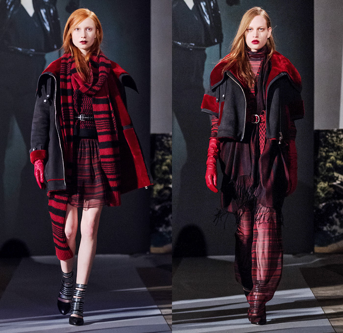 J.Lindeberg 2016-2017 Fall Autumn Winter Womens Runway Catwalk Looks - Fashion Week Stockholm Sweden - Tribes Indigenous Print Mohair Wool Ethnic Folk Stripes Sheer Chiffon Outerwear Coat Furry Shaggy Quilted Waffle Parka Dress Folds Accordion Pleats Miniskirt Frock Motorcycle Biker Rider Leather Turtleneck Knit Sweater Jumper Crochet Weave Shawl