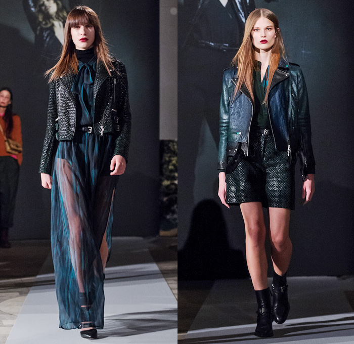 J.Lindeberg 2016-2017 Fall Autumn Winter Womens Runway Catwalk Looks - Fashion Week Stockholm Sweden - Tribes Indigenous Print Mohair Wool Ethnic Folk Stripes Sheer Chiffon Outerwear Coat Furry Shaggy Quilted Waffle Parka Dress Folds Accordion Pleats Miniskirt Frock Motorcycle Biker Rider Leather Turtleneck Knit Sweater Jumper Crochet Weave Shawl