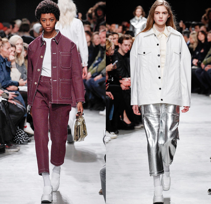 Julien David 2016-2017 Fall Autumn Winter Womens Runway Catwalk Collection Looks - Paris Fashion Week Mode à Paris France - Retro-Futurism Manga Anime Japanese Comics Cartoon Robot Grendizer Mazinger Mech Graphic 3D Panels Bonded Denim Jeans Plum Coat High Socks Boots Cargo Pockets Cropped Pants Trousers Jacket Shiny Metallic Silver Drawstring Chef Shirt Blouse Frayed Raw Hem Drapery Coatdress Handbag Skirt Frock