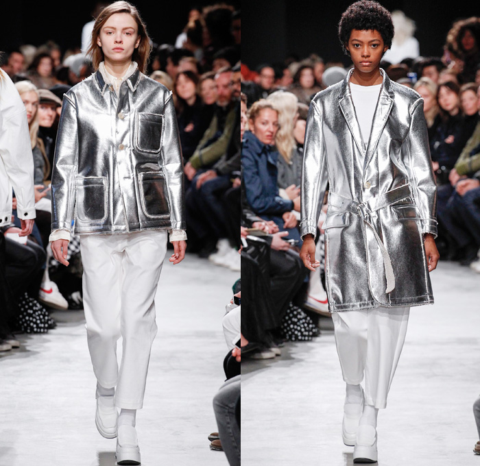 Julien David 2016-2017 Fall Autumn Winter Womens Runway Catwalk Collection Looks - Paris Fashion Week Mode à Paris France - Retro-Futurism Manga Anime Japanese Comics Cartoon Robot Grendizer Mazinger Mech Graphic 3D Panels Bonded Denim Jeans Plum Coat High Socks Boots Cargo Pockets Cropped Pants Trousers Jacket Shiny Metallic Silver Drawstring Chef Shirt Blouse Frayed Raw Hem Drapery Coatdress Handbag Skirt Frock