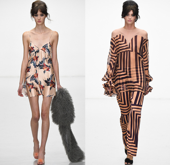 Katie Eary 2016-2017 Fall Autumn Winter Womens Runway Catwalk Looks - London Collections: Men British Fashion Council UK United Kingdom - Butterflies Insects Goldfish Print Motif Metallic Silver Sheer Chiffon Multi-Panel Zipper Crop Top Midriff Gloves Peplum Lace Up Stripes Lines Blouse Long Sleeve Shirt Tunic Velvet Skirt Frock Fish Noodle Spaghetti Strap Dress Silk Pants Trousers