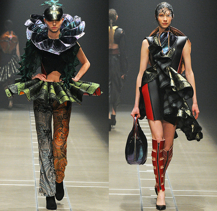 Keiichirosense 2016-2017 Fall Autumn Winter Womens Runway Catwalk Looks - Mercedes-Benz Fashion Week Tokyo Japan Keiichiro Yuri - Apocalyptic Futuristic Ruffles Peplum Organic Shape Ornamental Paint Splatter Hoodie Cargo Pockets Harness Baggy Crop Top Midriff Vest Denim Jeans Wide Leg Zipper Leopard Feathers Jacquard Handbag Gladiator Boots Gloves Headwear Metallic Silver Gold