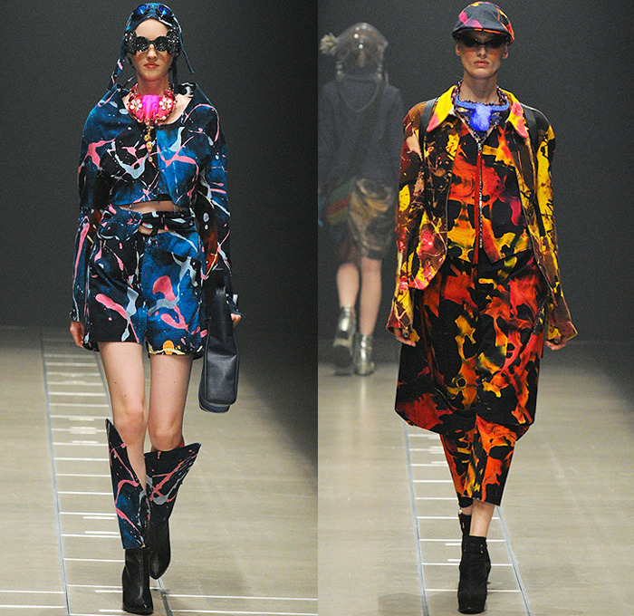 Keiichirosense 2016-2017 Fall Autumn Winter Womens Runway Catwalk Looks - Mercedes-Benz Fashion Week Tokyo Japan Keiichiro Yuri - Apocalyptic Futuristic Ruffles Peplum Organic Shape Ornamental Paint Splatter Hoodie Cargo Pockets Harness Baggy Crop Top Midriff Vest Denim Jeans Wide Leg Zipper Leopard Feathers Jacquard Handbag Gladiator Boots Gloves Headwear Metallic Silver Gold