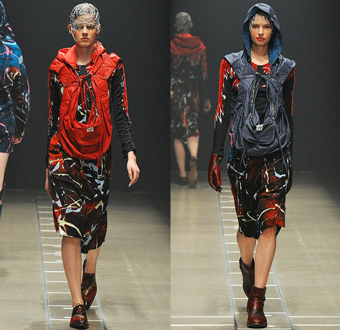 Keiichirosense 2016-2017 Fall Autumn Winter Womens Runway Catwalk Looks - Mercedes-Benz Fashion Week Tokyo Japan Keiichiro Yuri - Apocalyptic Futuristic Ruffles Peplum Organic Shape Ornamental Paint Splatter Hoodie Cargo Pockets Harness Baggy Crop Top Midriff Vest Denim Jeans Wide Leg Zipper Leopard Feathers Jacquard Handbag Gladiator Boots Gloves Headwear Metallic Silver Gold