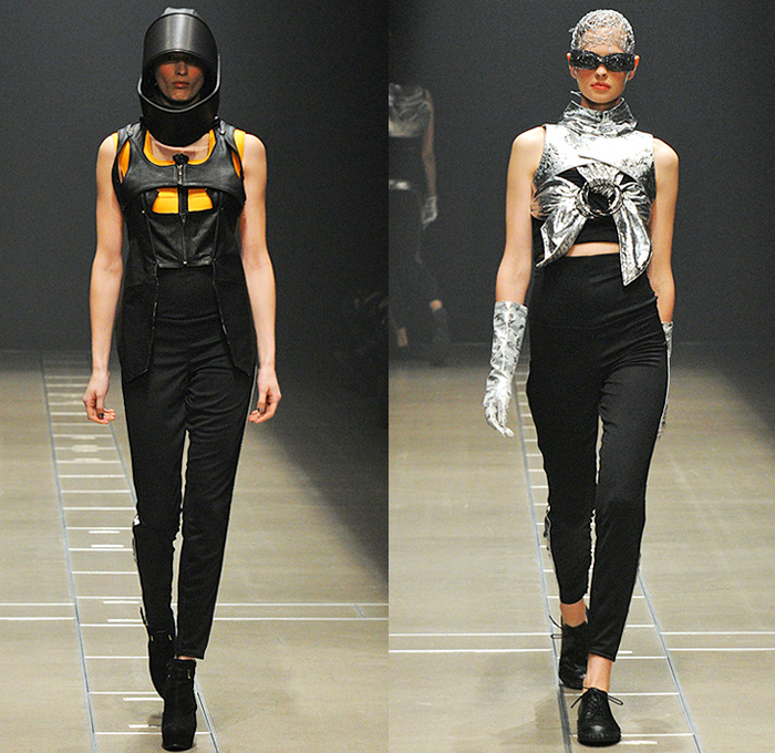 Keiichirosense 2016-2017 Fall Autumn Winter Womens Runway Catwalk Looks - Mercedes-Benz Fashion Week Tokyo Japan Keiichiro Yuri - Apocalyptic Futuristic Ruffles Peplum Organic Shape Ornamental Paint Splatter Hoodie Cargo Pockets Harness Baggy Crop Top Midriff Vest Denim Jeans Wide Leg Zipper Leopard Feathers Jacquard Handbag Gladiator Boots Gloves Headwear Metallic Silver Gold