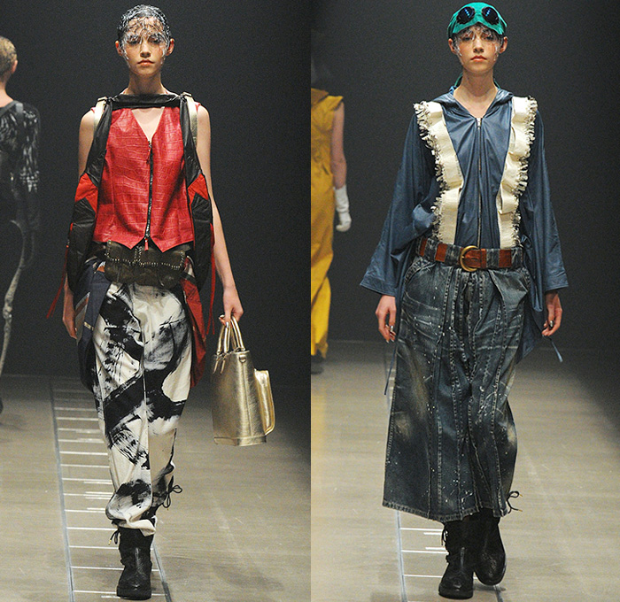 Keiichirosense 2016-2017 Fall Autumn Winter Womens Runway Catwalk Looks - Mercedes-Benz Fashion Week Tokyo Japan Keiichiro Yuri - Apocalyptic Futuristic Ruffles Peplum Organic Shape Ornamental Paint Splatter Hoodie Cargo Pockets Harness Baggy Crop Top Midriff Vest Denim Jeans Wide Leg Zipper Leopard Feathers Jacquard Handbag Gladiator Boots Gloves Headwear Metallic Silver Gold