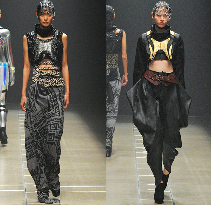 Keiichirosense 2016-2017 Fall Autumn Winter Womens Runway Catwalk Looks - Mercedes-Benz Fashion Week Tokyo Japan Keiichiro Yuri - Apocalyptic Futuristic Ruffles Peplum Organic Shape Ornamental Paint Splatter Hoodie Cargo Pockets Harness Baggy Crop Top Midriff Vest Denim Jeans Wide Leg Zipper Leopard Feathers Jacquard Handbag Gladiator Boots Gloves Headwear Metallic Silver Gold