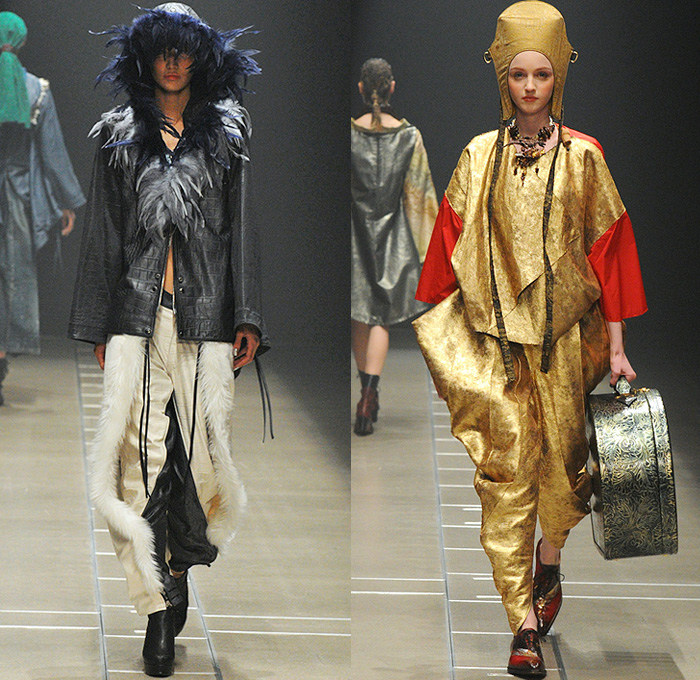 Keiichirosense 2016-2017 Fall Autumn Winter Womens Runway Catwalk Looks - Mercedes-Benz Fashion Week Tokyo Japan Keiichiro Yuri - Apocalyptic Futuristic Ruffles Peplum Organic Shape Ornamental Paint Splatter Hoodie Cargo Pockets Harness Baggy Crop Top Midriff Vest Denim Jeans Wide Leg Zipper Leopard Feathers Jacquard Handbag Gladiator Boots Gloves Headwear Metallic Silver Gold