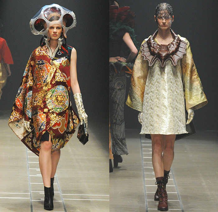 Keiichirosense 2016-2017 Fall Autumn Winter Womens Runway Catwalk Looks - Mercedes-Benz Fashion Week Tokyo Japan Keiichiro Yuri - Apocalyptic Futuristic Ruffles Peplum Organic Shape Ornamental Paint Splatter Hoodie Cargo Pockets Harness Baggy Crop Top Midriff Vest Denim Jeans Wide Leg Zipper Leopard Feathers Jacquard Handbag Gladiator Boots Gloves Headwear Metallic Silver Gold