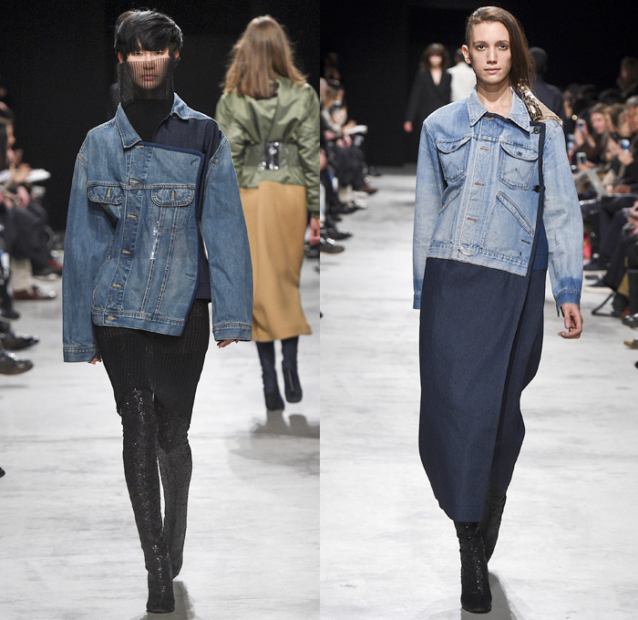 Lutz Huelle 2016-2017 Fall Autumn Winter Womens Runway Catwalk Collection Looks - Paris Fashion Week Mode à Paris France - Multi-Panel Denim Jeans Accordion Pleats Plissé Oversized Outerwear Coat Embroidery Embellished Adornments Bedazzled Sequins Skirt Frock Plastic Coatdress Trucker Jacket Sleeveless Hoodie Sweaterdress Cinch Ring Wool Leather Shearling Sheer Chiffon Knitwear Turtleneck Bombercoat