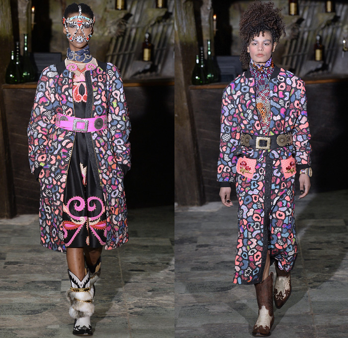 Manish Arora 2016-2017 Fall Autumn Winter Womens Runway Catwalk Collection Looks - Paris Fashion Week Mode à Paris France - Western Cowgirl Denim Jeans Ornamental Decorative Art Embroidery Embellished Bedazzled Studs Beads Strapless Pussycat Bow Skirt Frock Wide Belt Mix Match Knit Blouse Sleeveless Vest Silk Satin Furry Leg-of-Mutton Sleeves Crop Top Mask Shawl Feathers Maxi Dress Gown Pompoms Boots Pop Art Cactus Desert Fridge