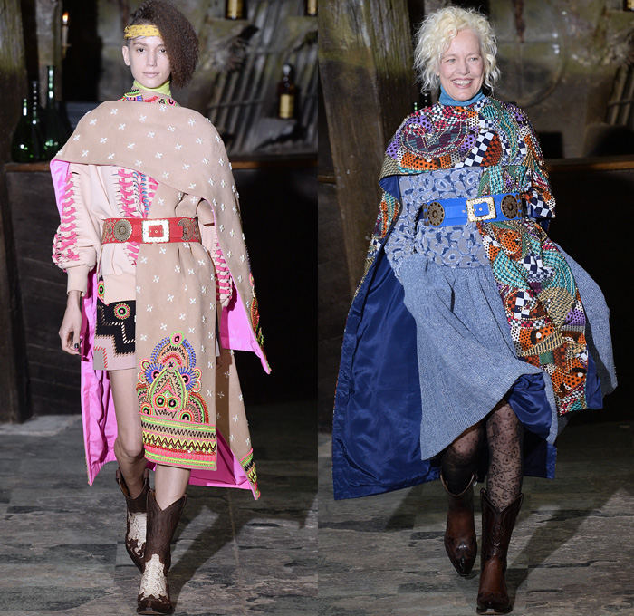 Manish Arora 2016-2017 Fall Autumn Winter Womens Runway Catwalk Collection Looks - Paris Fashion Week Mode à Paris France - Western Cowgirl Denim Jeans Ornamental Decorative Art Embroidery Embellished Bedazzled Studs Beads Strapless Pussycat Bow Skirt Frock Wide Belt Mix Match Knit Blouse Sleeveless Vest Silk Satin Furry Leg-of-Mutton Sleeves Crop Top Mask Shawl Feathers Maxi Dress Gown Pompoms Boots Pop Art Cactus Desert Fridge