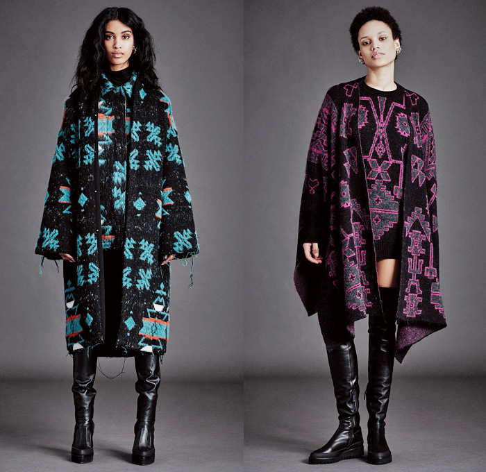 Marcelo Burlon County of Milan 2016-2017 Fall Autumn Winter Womens Lookbook Presentation - Milan Fashion Week Milano Moda Donna Italy - Destroyed Denim Jeans Crop Top Chunky Knit Sweater Leather Abstract Vest Embroidery Bedazzled Studs Tunic Poncho Cloak Pantsuit Geometric Tribal Wool Coat Fringes Leggings Velvet Bomber Jacket Culottes Tracksuit Patches Sheer Chiffon Grommets Dress Accordion Pleats Thigh High Boots