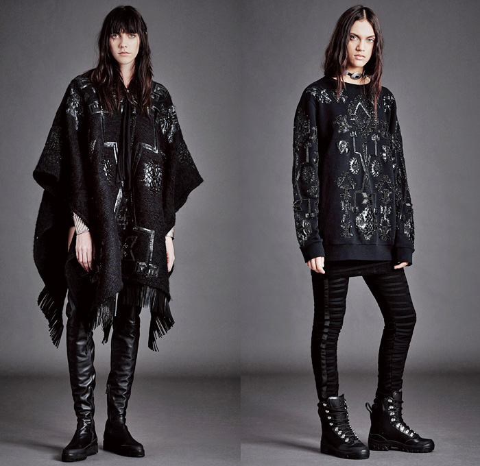 Marcelo Burlon County of Milan 2016-2017 Fall Autumn Winter Womens Lookbook Presentation - Milan Fashion Week Milano Moda Donna Italy - Destroyed Denim Jeans Crop Top Chunky Knit Sweater Leather Abstract Vest Embroidery Bedazzled Studs Tunic Poncho Cloak Pantsuit Geometric Tribal Wool Coat Fringes Leggings Velvet Bomber Jacket Culottes Tracksuit Patches Sheer Chiffon Grommets Dress Accordion Pleats Thigh High Boots