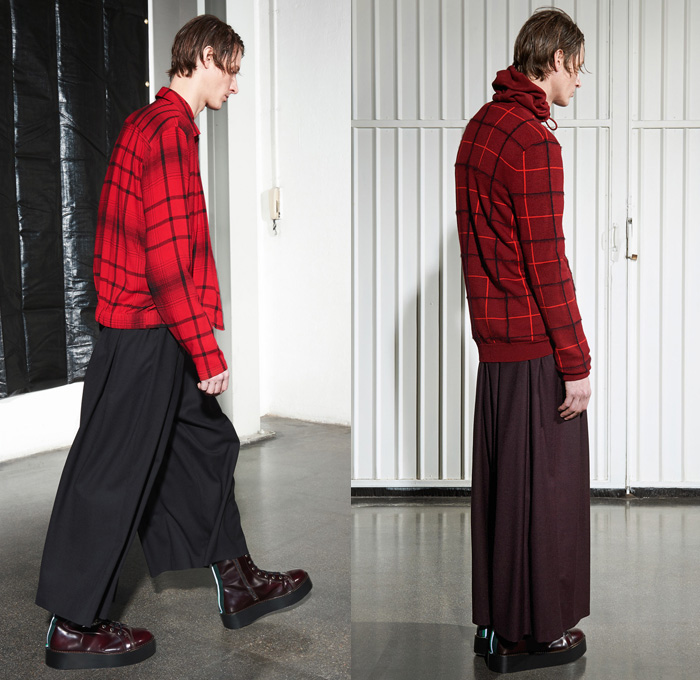 McQ Alexander McQueen 2016-2017 Fall Autumn Winter Mens Lookbook Presentation - New York Fashion Week Mens NYFW - Denim Jeans Fair Isle Knit Sweater Jumper Loungewear Turtleneck Wide Leg Trousers Palazzo Pants Culottes Gauchos Shearling Toggle Closures Outerwear Coat Shorts Plaid Check Windowpane Grid Pleats Hoodie Drawstring Leather Jacket Stripes Lace Up Thigh High Boots