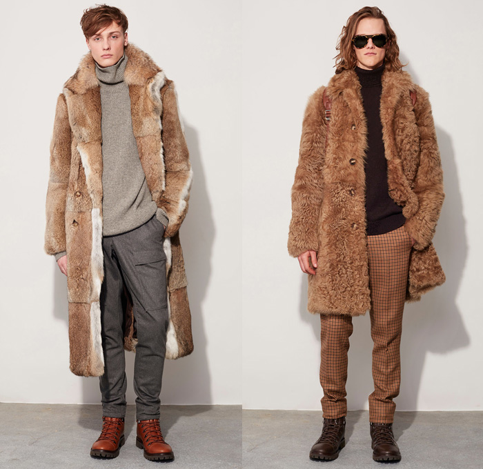 Michael Kors Collection 2016-2017 Fall Autumn Winter Mens Lookbook Presentation - New York Fashion Week Mens NYFW - Performancewear Utilitarian Wool Ombre Hoodie Outerwear Trench Coat Furry Plush Quilted Waffle Puffer Down Bomber Jacket Parka Cargo Pockets Boots Turtleneck Chunky Knit Sweater Plaid Tartan Check Cardigan Neckwear Lanyard Peacoat Nautical Bag Tote Duffel Messenger Backpack