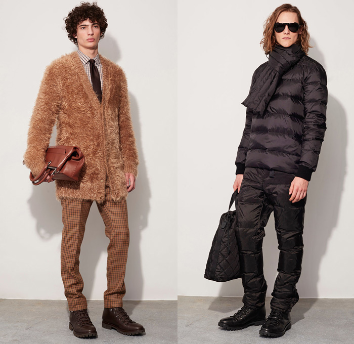 Michael Kors Collection 2016-2017 Fall Autumn Winter Mens Lookbook Presentation - New York Fashion Week Mens NYFW - Performancewear Utilitarian Wool Ombre Hoodie Outerwear Trench Coat Furry Plush Quilted Waffle Puffer Down Bomber Jacket Parka Cargo Pockets Boots Turtleneck Chunky Knit Sweater Plaid Tartan Check Cardigan Neckwear Lanyard Peacoat Nautical Bag Tote Duffel Messenger Backpack