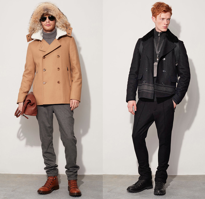 Michael Kors Collection 2016-2017 Fall Autumn Winter Mens Lookbook Presentation - New York Fashion Week Mens NYFW - Performancewear Utilitarian Wool Ombre Hoodie Outerwear Trench Coat Furry Plush Quilted Waffle Puffer Down Bomber Jacket Parka Cargo Pockets Boots Turtleneck Chunky Knit Sweater Plaid Tartan Check Cardigan Neckwear Lanyard Peacoat Nautical Bag Tote Duffel Messenger Backpack