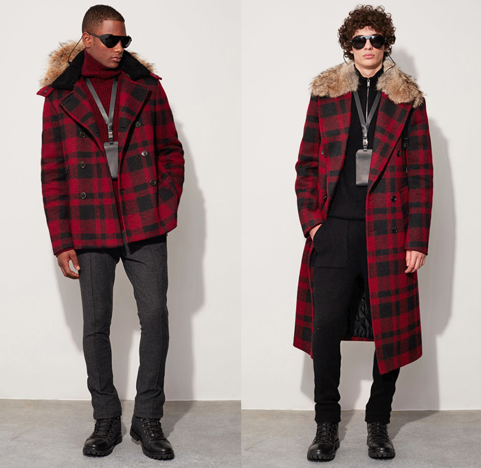 Michael Kors Collection 2016-2017 Fall Autumn Winter Mens Lookbook Presentation - New York Fashion Week Mens NYFW - Performancewear Utilitarian Wool Ombre Hoodie Outerwear Trench Coat Furry Plush Quilted Waffle Puffer Down Bomber Jacket Parka Cargo Pockets Boots Turtleneck Chunky Knit Sweater Plaid Tartan Check Cardigan Neckwear Lanyard Peacoat Nautical Bag Tote Duffel Messenger Backpack