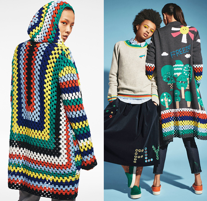 Mira Mikati 2016-2017 Fall Autumn Winter Womens Lookbook Presentation - Paris Fashion Week Mode à Paris France - Denim Jeans Pop Art Drawings Lego Bricks Embroidery Grommets Lettering Chunky Knit Sweater Crochet Cardigan Stripes Robots Outerwear Coat Vintage Toys Bomber Jacket Airplane Rocket Turtleneck Parka Splash Onesie Jumpsuit Shearling Play More Smile Be Happy Dance All Night