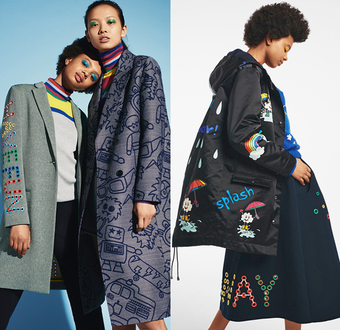 Mira Mikati 2016-2017 Fall Autumn Winter Womens Lookbook Presentation - Paris Fashion Week Mode à Paris France - Denim Jeans Pop Art Drawings Lego Bricks Embroidery Grommets Lettering Chunky Knit Sweater Crochet Cardigan Stripes Robots Outerwear Coat Vintage Toys Bomber Jacket Airplane Rocket Turtleneck Parka Splash Onesie Jumpsuit Shearling Play More Smile Be Happy Dance All Night