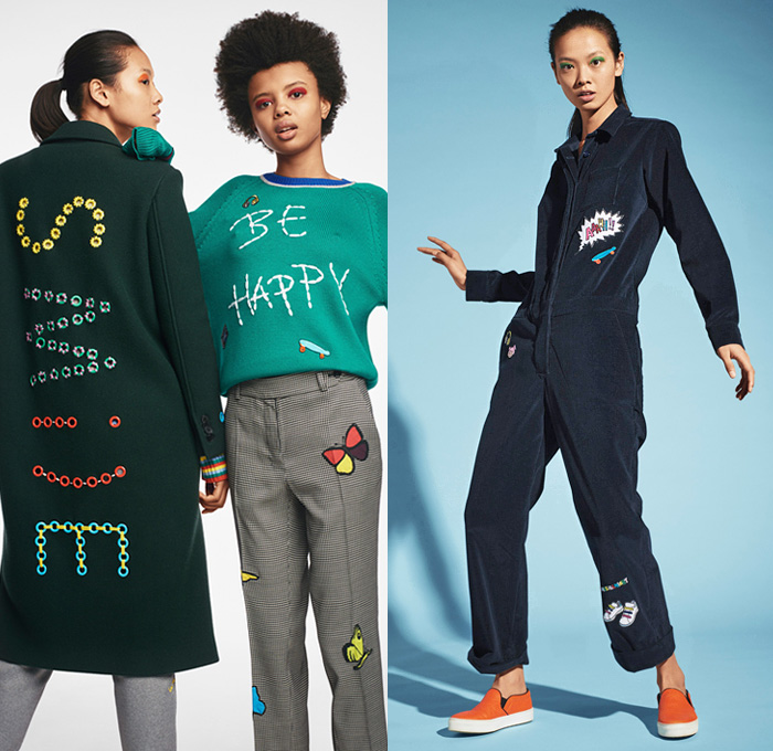 Mira Mikati 2016-2017 Fall Autumn Winter Womens Lookbook Presentation - Paris Fashion Week Mode à Paris France - Denim Jeans Pop Art Drawings Lego Bricks Embroidery Grommets Lettering Chunky Knit Sweater Crochet Cardigan Stripes Robots Outerwear Coat Vintage Toys Bomber Jacket Airplane Rocket Turtleneck Parka Splash Onesie Jumpsuit Shearling Play More Smile Be Happy Dance All Night