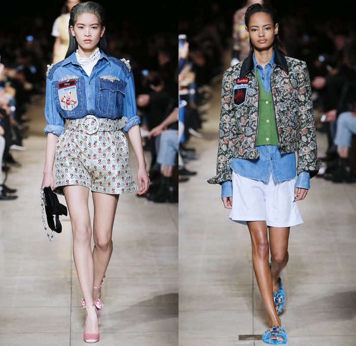 Miu Miu 2016-2017 Fall Autumn Winter Womens Runway Catwalk Collection Looks - Paris Fashion Week Mode à Paris France - Military Tweed Velvet Florentine Brocade Denim Jeans Strap Cargo Pockets Coat Trucker Jacket Long Skirt Silk Drapery Dress Gown Lace Wide Lapel Shirtdress Patches Flamingos Shorts Blouse Jacquard Flowers Floral Bedazzled Jewels Jodhpurs Riding Equestrian Pants Breeches Knit Tuxedo Vest Waistcoat Furry