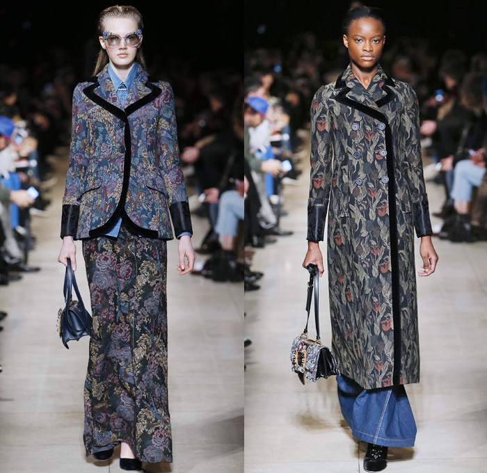 Miu Miu 2016-2017 Fall Autumn Winter Womens Runway Catwalk Collection Looks - Paris Fashion Week Mode à Paris France - Military Tweed Velvet Florentine Brocade Denim Jeans Strap Cargo Pockets Coat Trucker Jacket Long Skirt Silk Drapery Dress Gown Lace Wide Lapel Shirtdress Patches Flamingos Shorts Blouse Jacquard Flowers Floral Bedazzled Jewels Jodhpurs Riding Equestrian Pants Breeches Knit Tuxedo Vest Waistcoat Furry